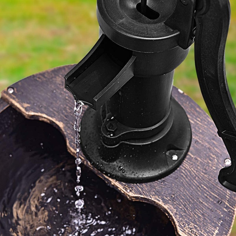 Squareful 2-Tier Outdoor Water Fountain, Rustic Patio Decor w/Hand Pump,