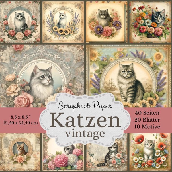 Scrapbook Papier Kollektion: Vintage Katzen mit Blumen: Bastelpapier für Collagen,