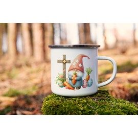 MAXIKIWI Langlebige Emaille-Kaffee- oder Tee-Camping-Tasse für drinnen und draußen, Motiv: Happy Easter Gnom, 350 ml