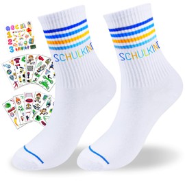 Sternhell School Child Socks Cotton 25-36, 2025 School Child Gift School Boys Girls Socks First Day of School Gift Girls Boy First Day of School Gifts School Socks with 10 Pieces Tattoo Stickers, blue