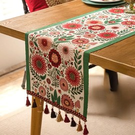 Boho Table Runner Flower Rustic Dining Table Centerpiece Decor with Tassels,Spring Farmhouse Decor Retro Coffee Table Runner for Dining Living Room Bedroom (35cm*160cm)