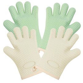 2 Pairs Silicone Oven Mitts Heat Resistant Gloves Heat Resistant Non-Slip Waterproof Kitchen Mittens for Baking, Grilling, Cooking(2 Pairs-Green + White)