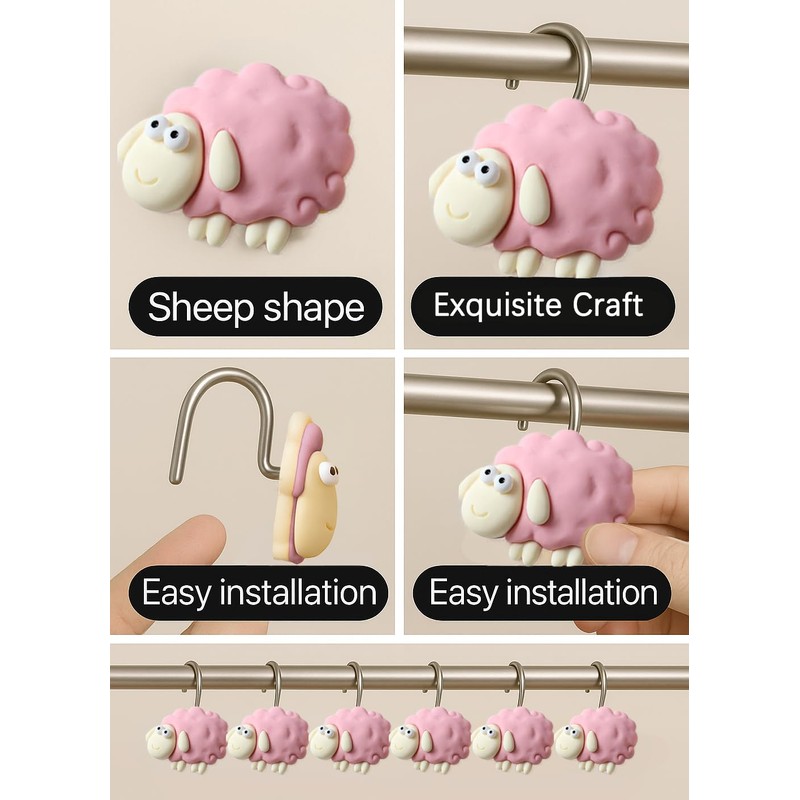 Pink Sheep Resin Shower Curtain Hooks 12 Pack Cute Animal