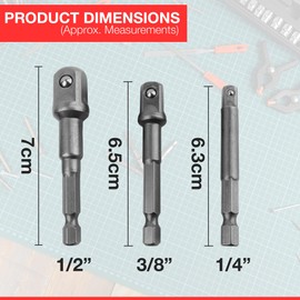 3PC Socket Adaptor Set – Chrome Vanadium with Spring Ball Socket Retention and Drill Conversion to Nut Driver
