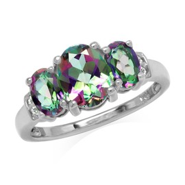 Silvershake 2.62ct. 3 Stone Oval Shape Mystic Fire Topaz White Gold Plated 925 Sterling Silver Ring Size 7.5