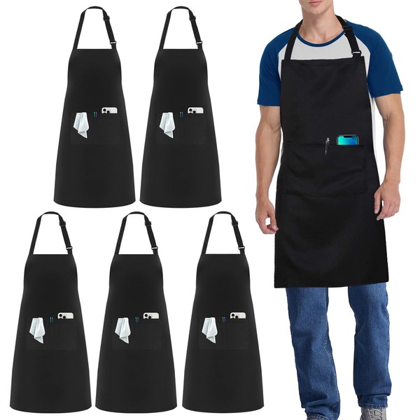 zvzvrog 5 Pack Black Chef Apron, Kitchen Apron with 3