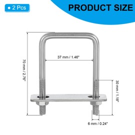 PATIKIL Square U-Bolts, M6x35x70mm Square Bend U-Bolt 304 Stainless Steel Pole U Bolt with Nut Plate Washer for Boat Trailer Camping Sailboat, Pack of 2