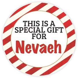 This is a Gift for Nevaeh - Circle Sticker Decal 3 Inch - Candy Cane Merry Christmas Gift Tag Present Tree Holiday Custom Name Santa Claus