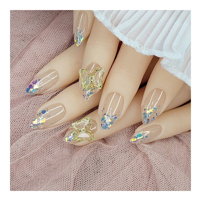 Sky Blue Butterfly Handmade Nail Tips - Coffin Egg /