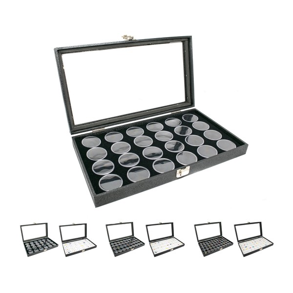Novel Box Large Glass Top Black Leatherette Jewelry Display Case + 24 Count Jar Insert Tray in Black + Custom NB Pouch