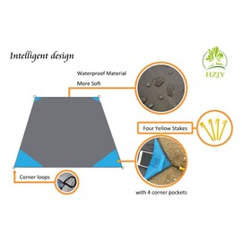 HZJY Outdoor Picnic Blanket (71" x 55") -Compact Lightweight Waterproof Sand Proof Pocket Blanket Best for The Beach Hiking Travel Camping with Pockets Loops Stakes Carabiner