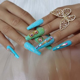 ZYBUXY 24pcs blue press on nails Extra Long coffin Acrylic False Nails lady Nail Glossy Fake Nails nail set