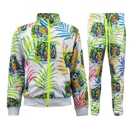 Men's Neon Jungle Tiger Track Suits 2 Piece Sweatsuit Set ST802 - White - Large - V-C31
