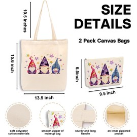 Watercolor Magic Gnome Star, 2PCS Makeup Cosmetic Bag Canvas Tote Bag Beach Bag for Shopping Work Office for Women Gnome Lovers Daughter Girl Friend Sister Bestie Friendship Christmas Birthday Gifts