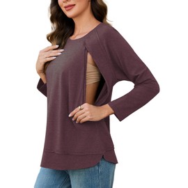 Ecavus Women's Nursing Shirts for Breastfeeding with Zipper Long Sleeve Defined Seams Comfortable Breastfeeding Shirts Heather Wine