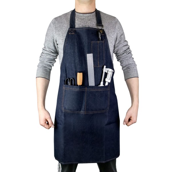 QWORK Lightweight Denim Work Apron With Pockets, 2 Pack Adjustable