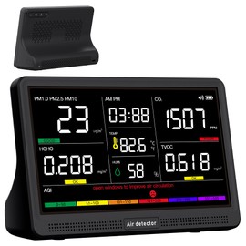 bonoch 16 in 1 Air Quality Monitor Indoor 7" Display 9 AQI+7 AQI Alerts Air Quality Tester for CO2, TVOC, PM2.5 PM1.0 PM10, HCHO, Temperature Humidity AQI & Time, Air Quality Meter for Home-Black