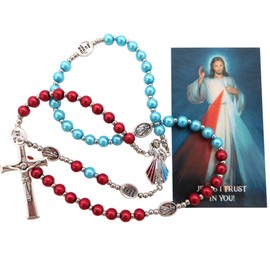 Westmon Works Divine Mercy Rosary Set Colorful Glass Beads and Metal Crucifix and Jesus Centerpiece with Catholic Prayer Holy Card