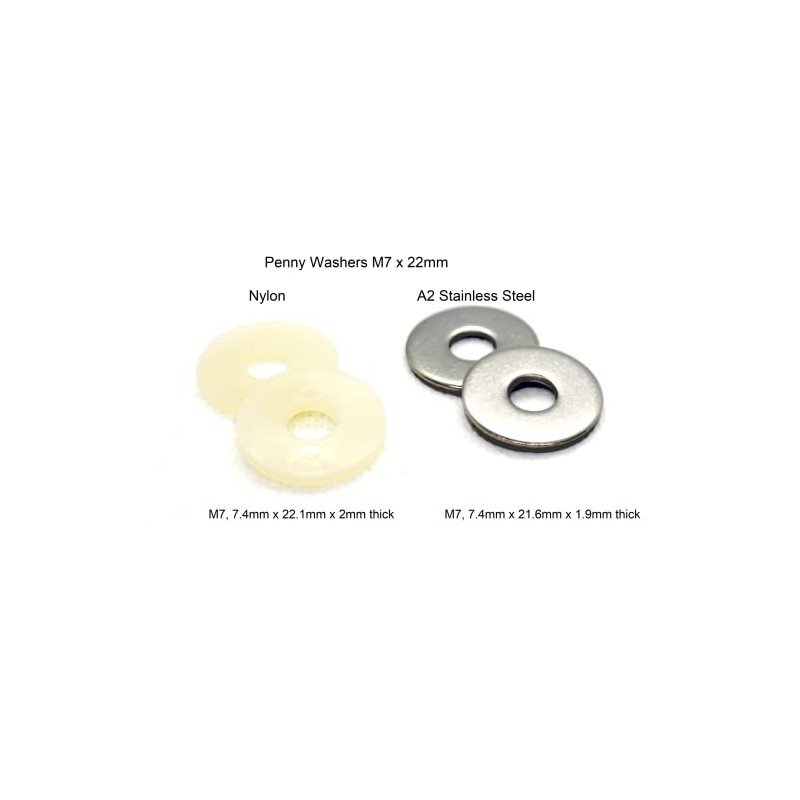 M7 x 22m Penny Washers Nylon or A2 Stainless Steel