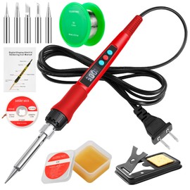 Soldering Iron Kit,100W LED Digital Solder Iron Soldering Gun kit with Ceramic Heater,11 in 1 Adjustable Temperature Soldering Kit with Tips,Solder Wick Braid,Stand,Solder Wire,Sponge,Flux Paste，Red
