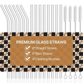 Paquete de 18 popotes de vidrio, juego de popotes de vidrio transparente reutilizables, 8.5 pulgadas x 0.394 in, incluye 8 rectas y 6 dobladas con 4 cepillos limpiadores de pajillas, perfecto para