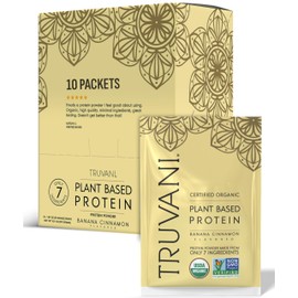 Truvani- Proteína Vegana de Guisante en Polvo  Plátano Canela  20g de Proteína Orgánica a Base de Plantas  10 Paquetes de Viaje                       
