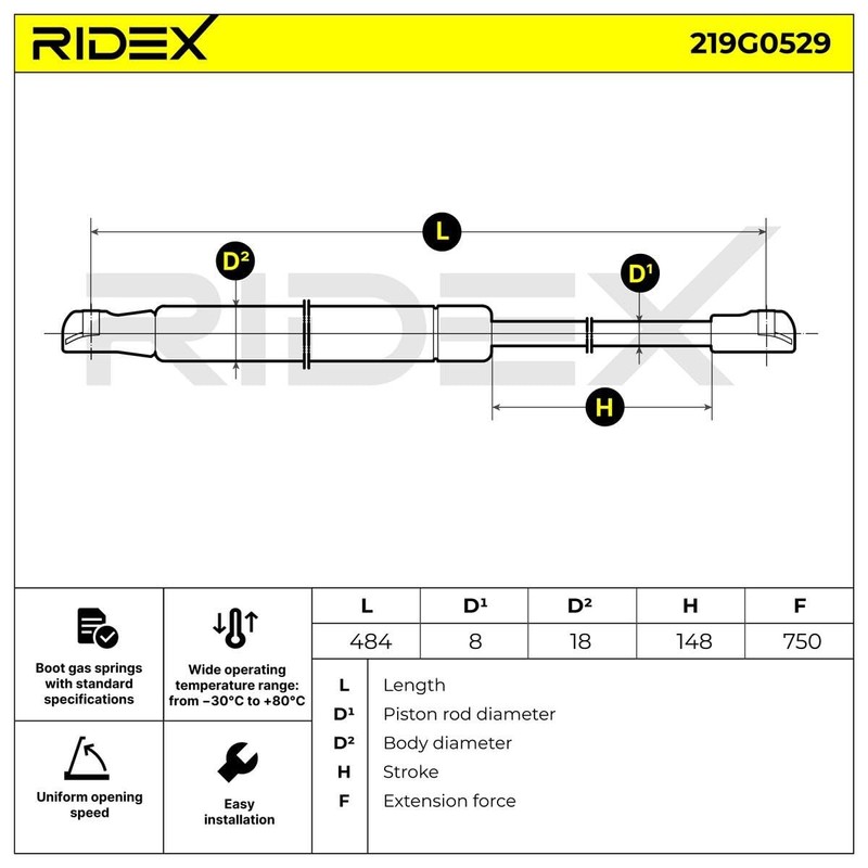 RIDEX 219G0529 Gas Spring Tailgate Damper Length 483.5 mm Extension