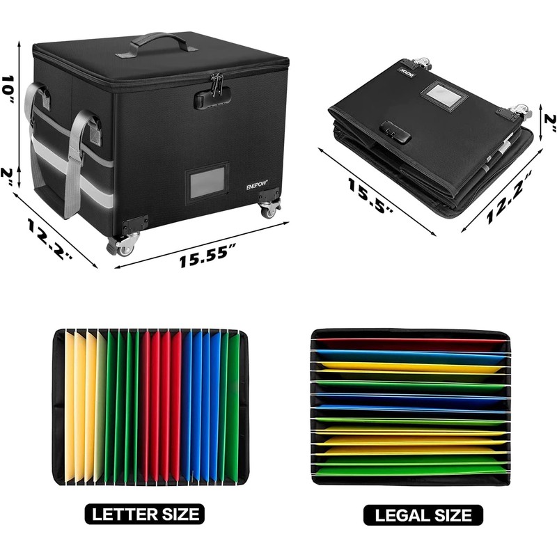 ENGPOW File Box with Wheels, Fireproof Document Box with Lock,Collapsible