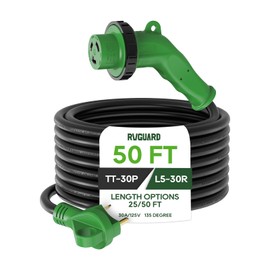 RVGUARD 30 Amp 50 Foot RV Power Cord with 135 Degree, Heavy Duty 10/3 Gauge STW Cord with LED Power Indicator, 30 Amp Male Standard to 30 Amp Female Locking Connector, Green, ETL Listed