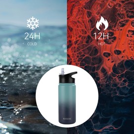 MURBONE Stainless Steel Drinking Bottle 500 ml (+ 2 Lids) with Straw, BPA-Free, Leak-Proof, Suitable for Carbonated Drinks, Thermos Flask, Vacuum Double Wall Insulation for Sports, Travel, Camping