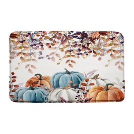 Fall Pumpkin Bath Mat Watercolor Eucalyptus Leaves Autumn Rustic Pumpkin Floral Thanksgiving Harvest Blue Orange Microfiber Memory Foam Doormat Bathroom Rug,17.8x29.5 Inch