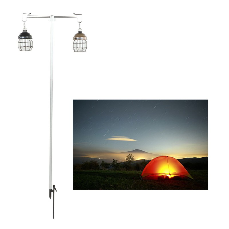 Camping Lamp Pole Retractable Double Light Hooks Retro Style Metal