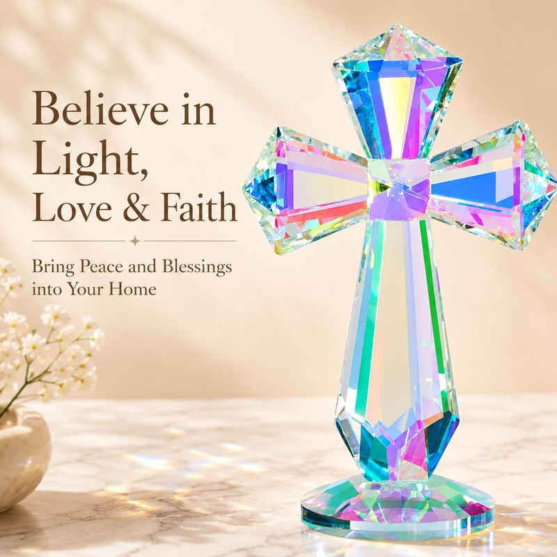 Zerelys K9 Crystal Cross Keepsake, Rainbow Prism Christian Gift