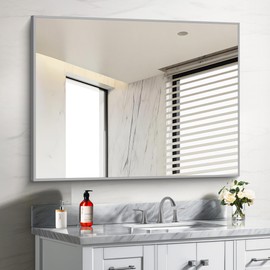 COFENY 30x40In Silver Bathroom Mirror for Wall, Brushed Nickel Rectangle Mirrors with Metal Frame, Bathroom Rectangular Mirror Modern Wall Mirror for Bedroom Living Room, Hangs Horizontal or Vertical