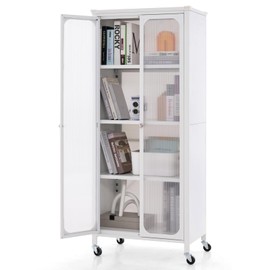 Giantex Bookcase with Doors, 58" Tall 4-Tier Bookshelf with Wheels, Adjustable Shelves, Heavy Duty Metal Frame, Freestanding Display Storage Cabinet for Living Room Bedroom Kitchen Pantry (White)