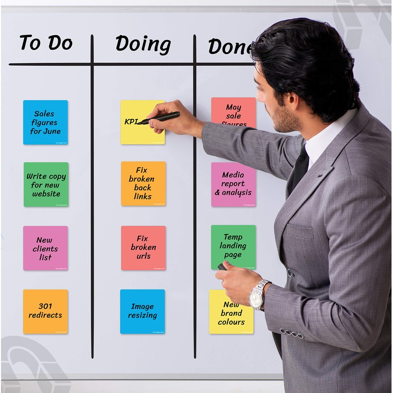 TMS Magnetic Sticky Notes, Neon Coloured Dry Wipe Reusable Labels