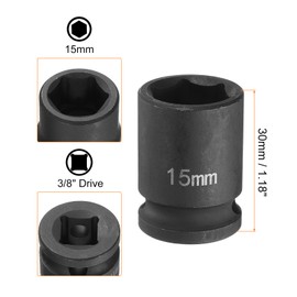 QUARKZMAN Pack of 2 Deep Impact Screwdriver 3/8 Inch Square Drive 15 mm Metric 6 Point Socket 30 mm (1.18 Inch) Long CR-MO Steel Industrial Quality Flip Socket for Home Car Repair, Black