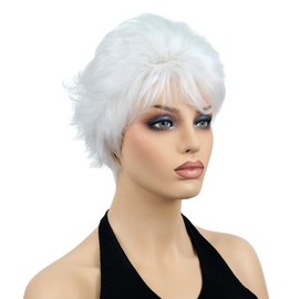 Lydell 8" Women White Wigs Short Wavy Layered Shaggy Hair Heat Resistant Fiber Synthetic for Cosplay