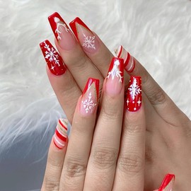 Christmas Press on Nails Medium Square Fake Nails Coffin Nails Snowflake Elk Gold Glitter Designs Glue on Nails Artificial Winter Xmas Glossy Acrylic Nails Stick on Nails for Women Manicure 24Pcs