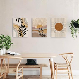 Boho Canvas Wall Art Set of 3, Mid Century Desert Sun Wall Decor, Modern Abstract Geometric Botanical Art Paintings Prints for Living Room, Bedroom, Office Decor 12x16 in Framed