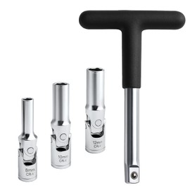 LEONTOOL 4 PCS Glow Plug Removal Tool with 3/8" Drive T-Bar, 8mm 10mm 12mm Universal Joint Swivel Glow Plug Socket Set Glow Plug Wrench Extractor Kit for Lawnmower Car Motorcycles Truck, 6 Point