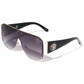 Kleo Relic - Rimless Flat Top Studded Shield Side Coin Lion Head Medallion Hip Hop Sunglasses (Smoke Black)