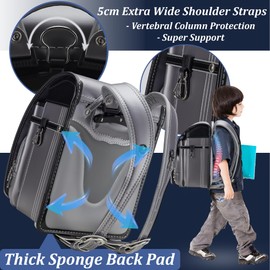 IwaiLoft Ransel Randoseru Backpack with Automatic Satchel for Boys, Japanese School Bag Embroidery PU Bookbag for Men Male (Silver&Black)