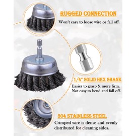 Shitime 3" Knotted Wire Cup Brush Set 4PCS with 1/4" Hex Shank for Drill Rust & Paint Re