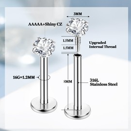 Thunaraz 16G Internally Threaded Tragus Helix Piercing Jewelry Surgical Steel Labret Studs Lip Rings Heart Round CZ Nose Rings Stud Hypoallergenic Cartilage Conch Monroe Flat Earring 8mm Silver