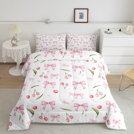 Feelyou Kids Pink Bowknot Comforter Set Twin Size, Cherry Bedding Set Boys Girls Dreamy Princess Comforter Colorful Floral Teens Duvet Set Bedroom Decor 2Pcs