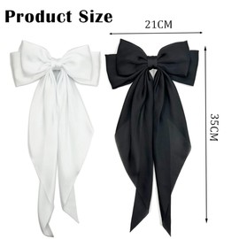 2 PCS Big Bow Barrettes Solid Color French Big Bow Hair Clips with Long Silky Satin, Hair Barrettes Accessories for Girls Women(Black, White)