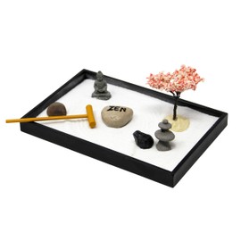 Nature's Mark Mini Zen Garden Kit for Desk with Rake, White Sand, Buddha, Lantern, Black Rectangle Base, River Rocks and Mini Blossom Tree (8Lx5W C)