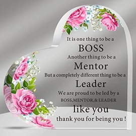 Boss Gifts Work Boss Day Gifts for Women Men Heart Shape Acrylic Plaque for Female Lady Inspirational Quotes Boss Paperweight for Birthday Appreciation Retirement, 5.9 x 5.9 x 0.55 Inch (Flower)