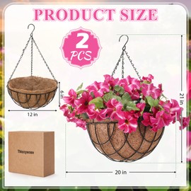Thiccywoov 2 Pack Artificial Hanging Flowers in Basket for Spring Summer Outdoor Decor Fake Hanging Plant Faux Petunias Flower with 12 inch Coconut Lining Basket for Patio Garden Porch Home(Rose Red)